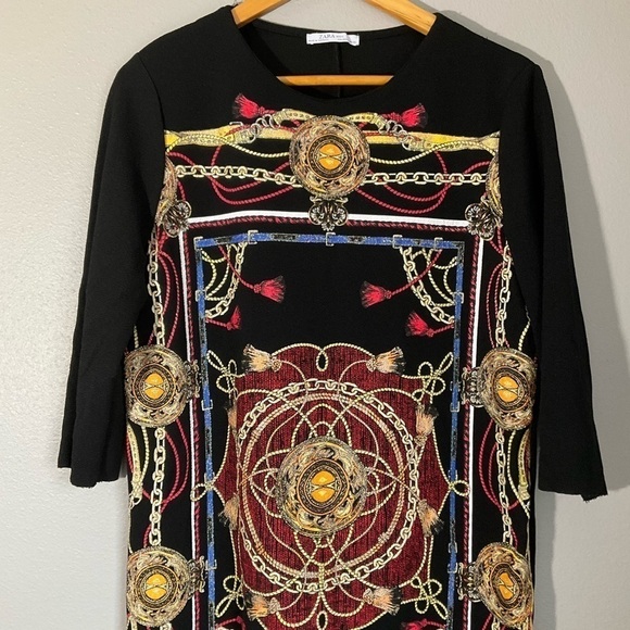 ZARA Geometric gold designs Basic Tunic Black Dress size Large D146 - Picture 2 of 7